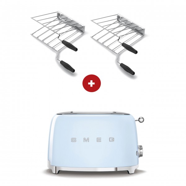 smeg Sandwich-Set aus 2-Schlitz-Toaster kompakt (Pastellblau) mit zwei Sandwichzangen