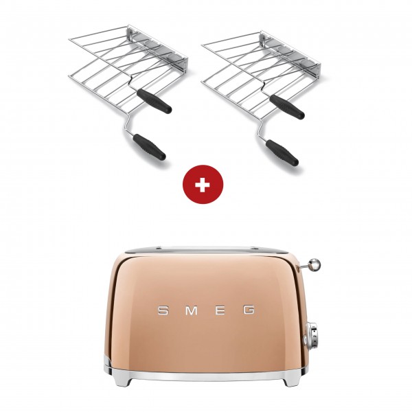 smeg Sandwich-Set aus 2-Schlitz-Toaster kompakt (Rose-Gold) mit zwei Sandwichzangen