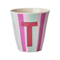 rice Melamin Becher mit Streifen "Buchstabe T" - Medium (Creme/Pink/Mint)