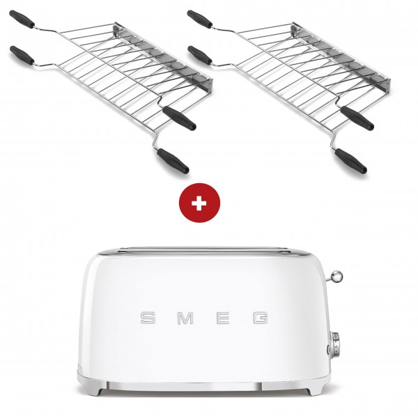 smeg Sandwich-Set aus 2-Schlitz-Toaster lang (Weiß) mit zwei Sandwichzangen