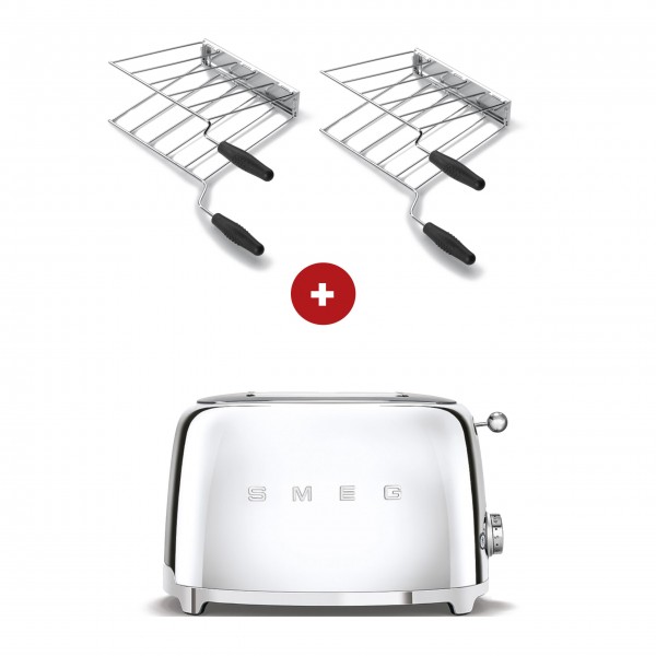 smeg Sandwich-Set aus 2-Schlitz-Toaster kompakt (Chrom) mit zwei Sandwichzangen