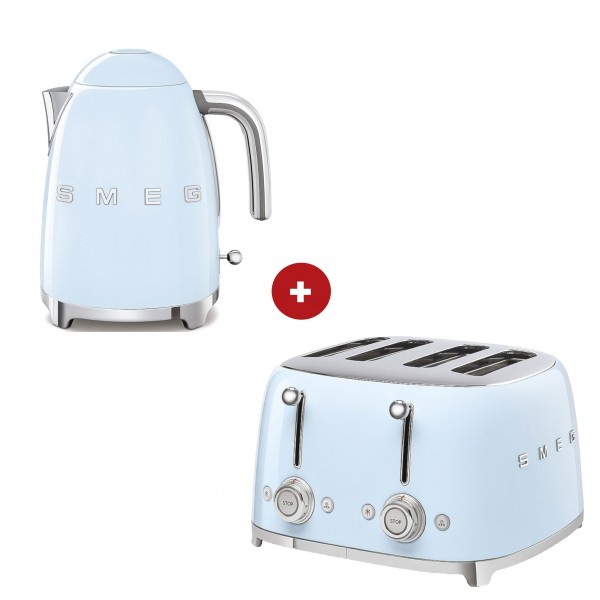 smeg Set aus 4-Schlitz-Toaster und Wasserkocher feste Temperatur (Pastellblau)