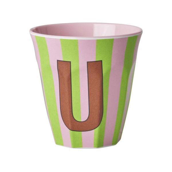 rice Melamin Becher mit Streifen "Buchstabe U" - Medium (Rosa/Hellgrün)