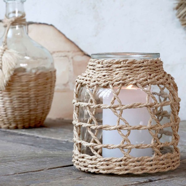 Windlicht mit geflochtenem Schilf - ø 15 cm (Klar/Natur) von Chic Antique