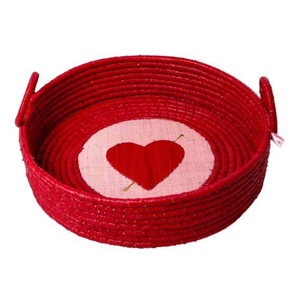 rice Brotkorb aus Raffia - Rund "Heart - Herz" (Rot)