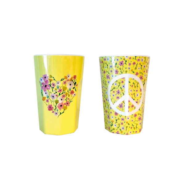rice NIK-Melamin-Becher "Flower Me Happy & Peace" - 2er-Set (Gelb) Limitierte Auflage
