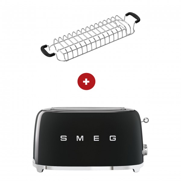 smeg Set - 2-Schlitz-Toaster lang (Schwarz) mit Röstaufsatz