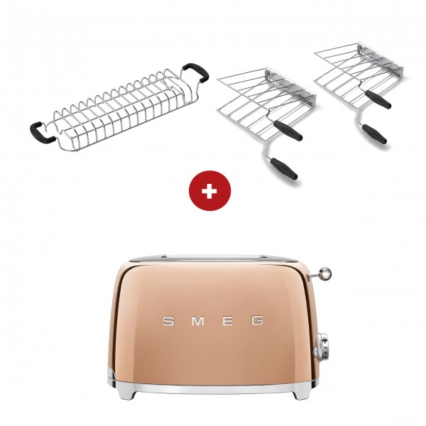 smeg Toaster Set - 2-Schlitz-Toaster kompakt (Rose-Gold) mit Röstaufsatz und zwei Sandwichzangen