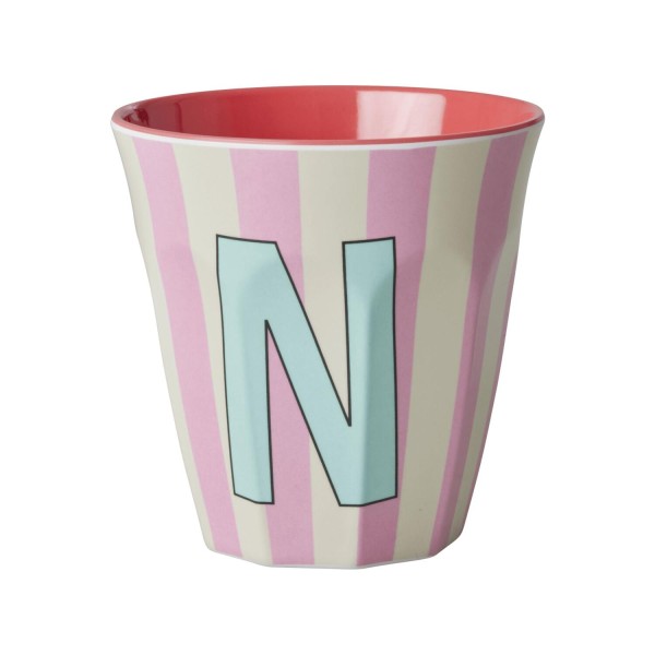 rice Melamin Becher mit Streifen "Buchstabe N" - Medium (Creme/Rosa)