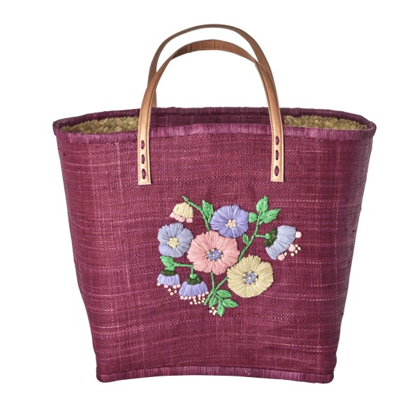 rice Tasche "Raffia - Heavy Flower" mit Lederhenkeln - L (Pink)