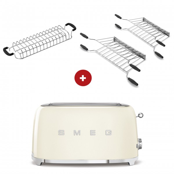 smeg Toaster Set - 2-Schlitz-Toaster lang (Creme) mit Röstaufsatz und zwei Sandwichzangen
