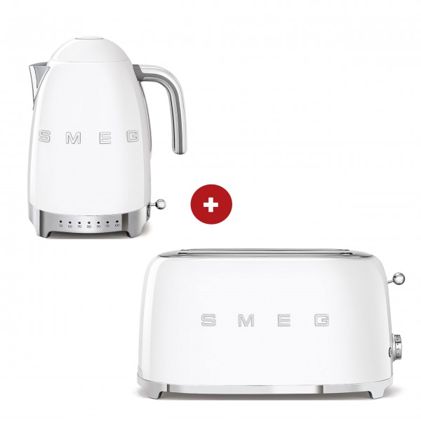 smeg Set – 2-Schlitz-Toaster lang und Wasserkocher variable Temperatur (Weiß)