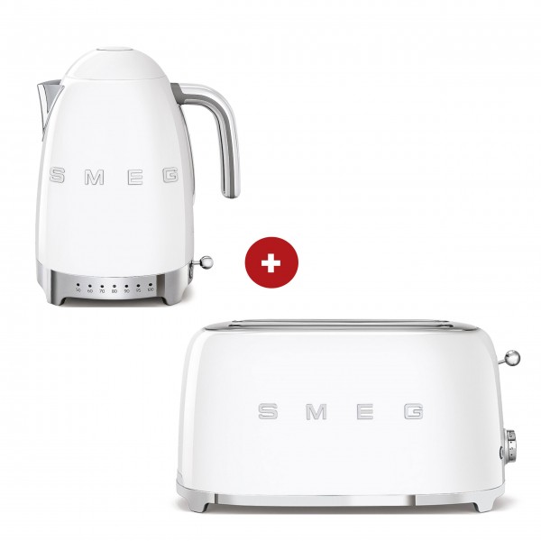 smeg Set aus 2-Schlitz-Toaster lang und Wasserkocher variable Temperatur (Weiß)