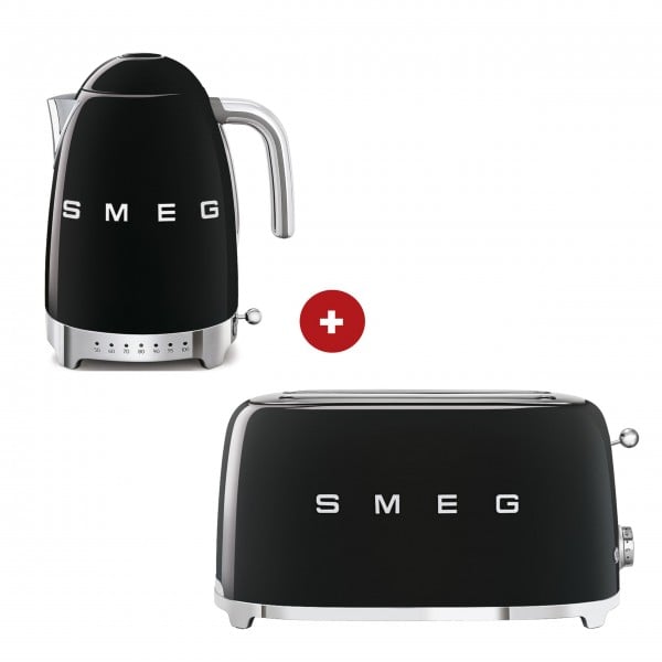 smeg Set – 2-Schlitz-Toaster lang und Wasserkocher variable Temperatur (Schwarz)