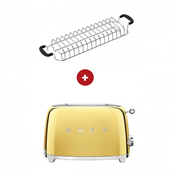 smeg Set - 2-Schlitz-Toaster kompakt (Gold) mit Röstaufsatz