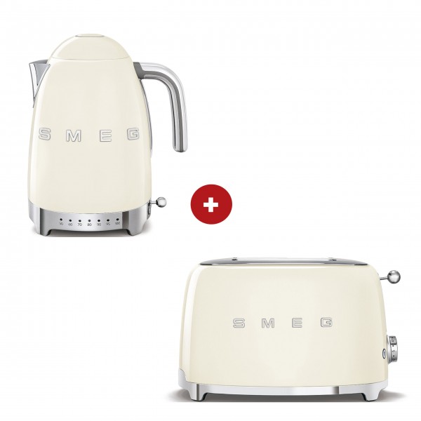 smeg Set – 2-Schlitz-Toaster kompakt und Wasserkocher variable Temperatur (Creme)