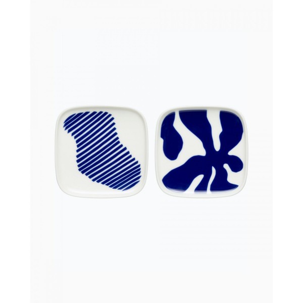 marimekko Eckiger Teller "Ruudut" (Weiß/Blau) - 2er-Set