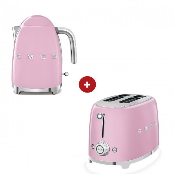smeg Set – 2-Schlitz-Toaster kompakt und Wasserkocher feste Temperatur (Cadillac Pink)