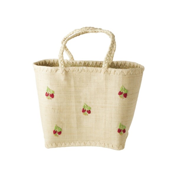 rice Korbtasche aus Raffia "Red Flowers/Rote Blumen" - Medium (Natur)