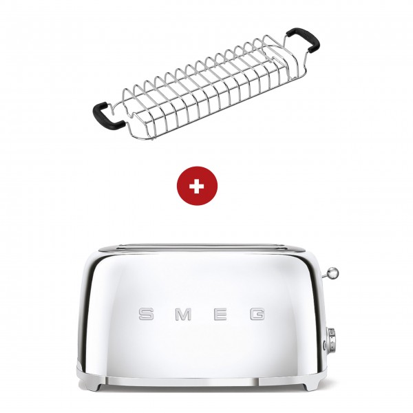 smeg Set - 2-Schlitz-Toaster lang (Chrom) mit Röstaufsatz