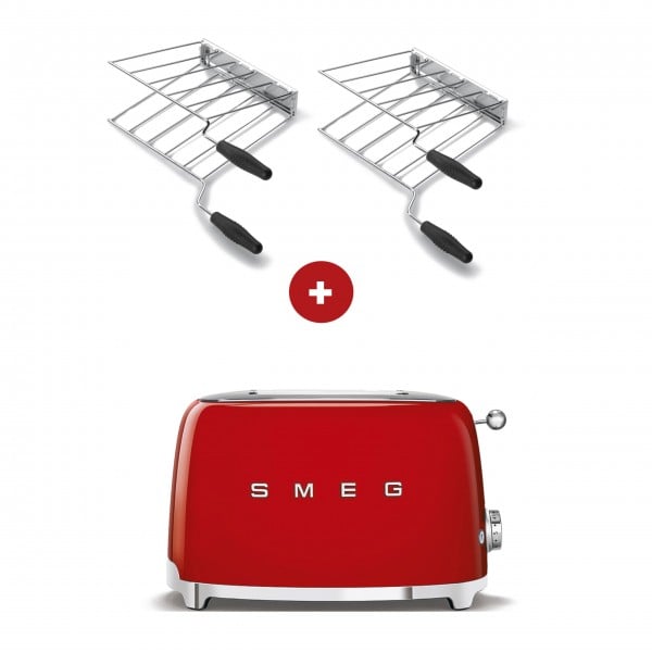 smeg Sandwich-Set – 2-Schlitz-Toaster kompakt (Rot) mit zwei Sandwichzangen