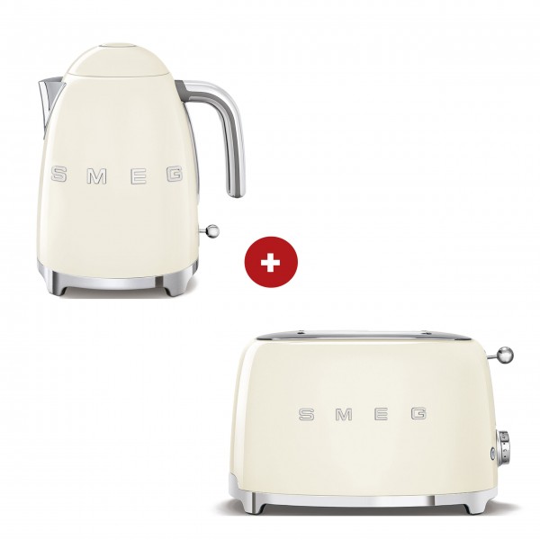 smeg Set – 2-Schlitz-Toaster kompakt und Wasserkocher feste Temperatur (Creme)