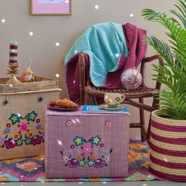 rice Baumwollplaid "Flower Edge" - 200x140 cm (Mint/Aubergine)