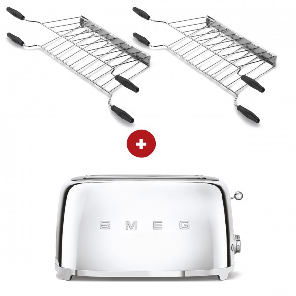 smeg Sandwich-Set aus 2-Schlitz-Toaster lang (Chrom) mit zwei Sandwichzangen