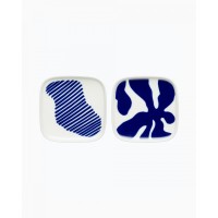 marimekko Eckiger Teller "Ruudut" (Weiß/Blau) - 2er-Set