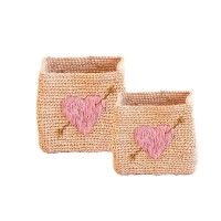 rice Aufbewahrungskorb quadratisch "Raffia - Pink Heart" im 2er-Set - S & L (Natur)