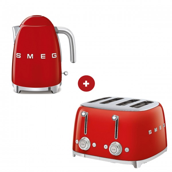 smeg Set – 4-Schlitz-Toaster und Wasserkocher feste Temperatur (Rot)