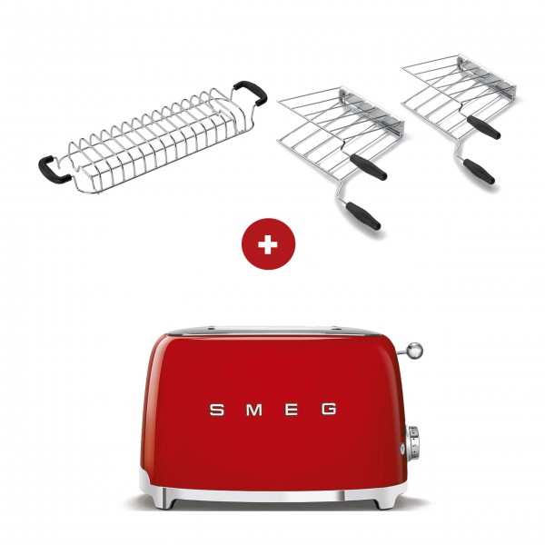 smeg Toaster Set - 2-Schlitz-Toaster kompakt (Rot) mit Röstaufsatz und zwei Sandwichzangen