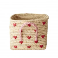 rice Aufbewahrungskorb aus Raffia mit Griffen - Quadratisch "Hearts - Herzen"