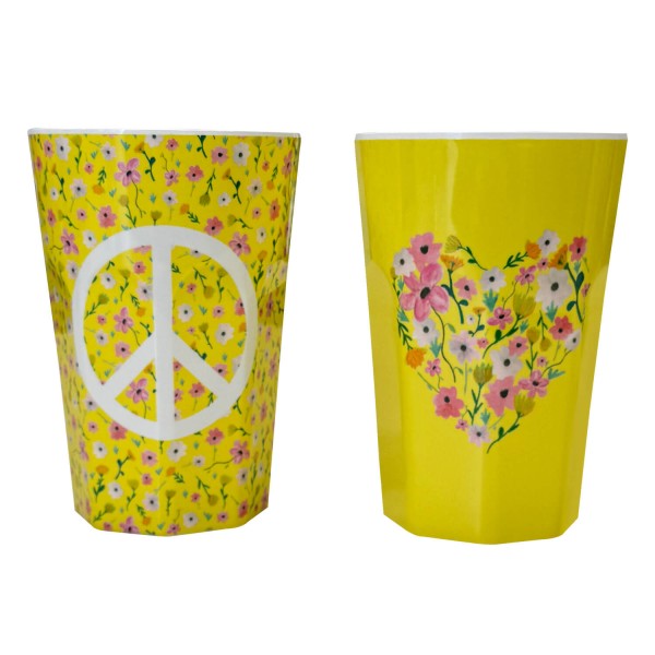 rice NIK-Melamin-Becher "Flower Me Happy & Peace" - 2er-Set (Gelb) Limitierte Auflage