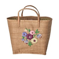 rice Tasche "Raffia - Heavy Flower" mit Lederhenkeln - L (Tea)