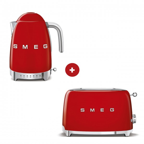 smeg Set aus 2-Schlitz-Toaster kompakt und Wasserkocher variable Temperatur (Rot)