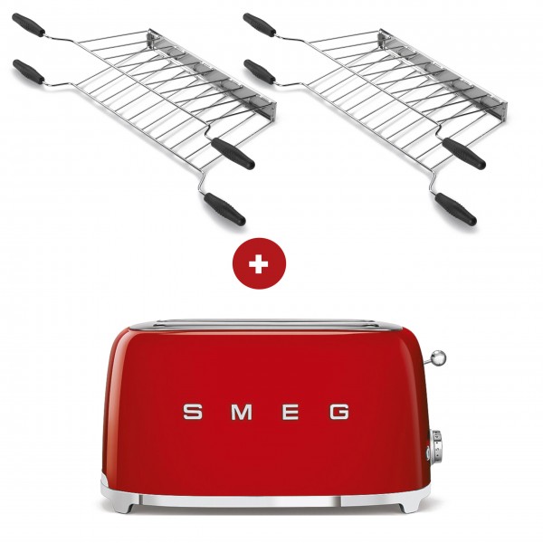 smeg Sandwich-Set aus 2-Schlitz-Toaster lang (Rot) mit zwei Sandwichzangen
