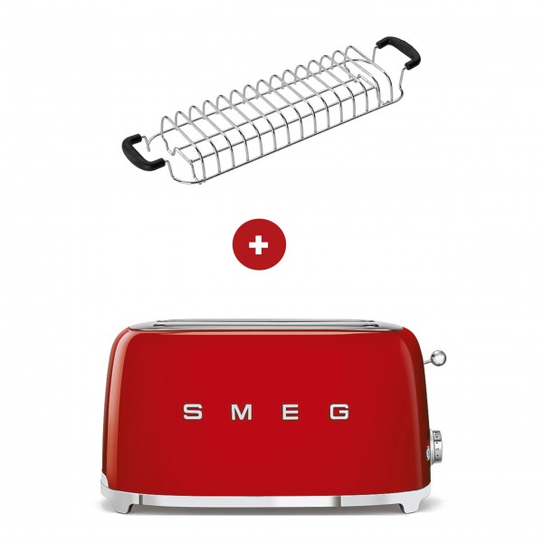 smeg Set - 2-Schlitz-Toaster lang (Rot) mit Röstaufsatz