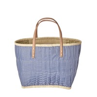 rice Tasche "Raffia - Vichy" mit Lederhenkeln - M (Dark Navy) 