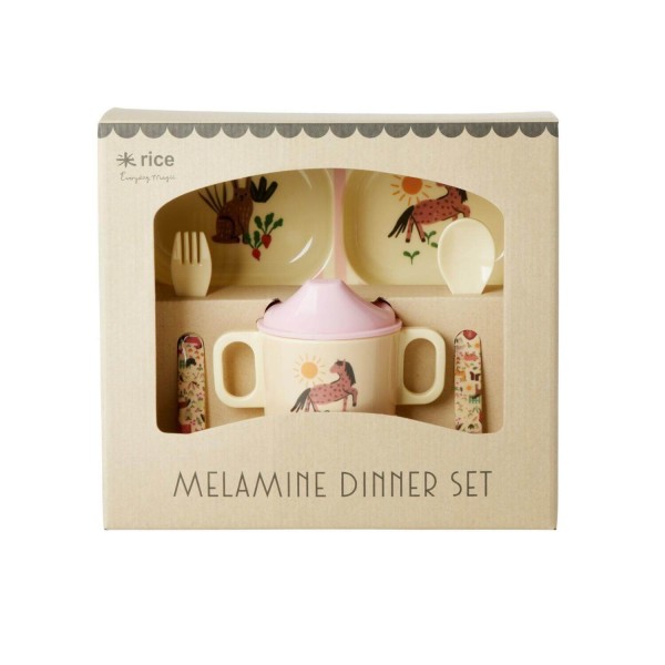 rice Melamin Baby-Geschirr-Set in Geschenkbox "Farm Print" (Soft Pink)