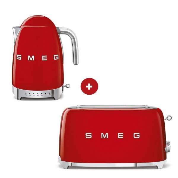 smeg Set aus 2-Schlitz-Toaster lang und Wasserkocher variable Temperatur (Rot)