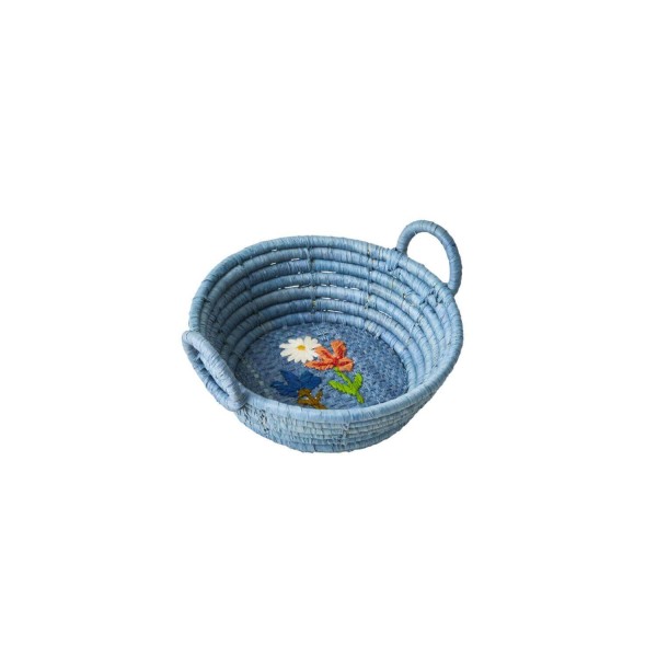 rice Brotkorb rund aus Raffia "Blumen" - Klein (Blau)