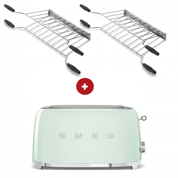 smeg Sandwich-Set aus 2-Schlitz-Toaster lang (Pastellgrün) mit zwei Sandwichzangen