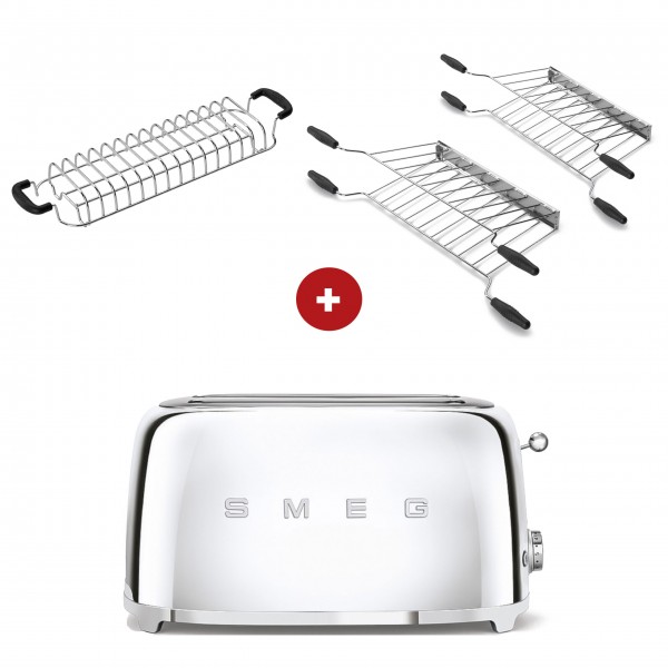 smeg Toaster Set - 2-Schlitz-Toaster lang (Chrom) mit Röstaufsatz und zwei Sandwichzangen