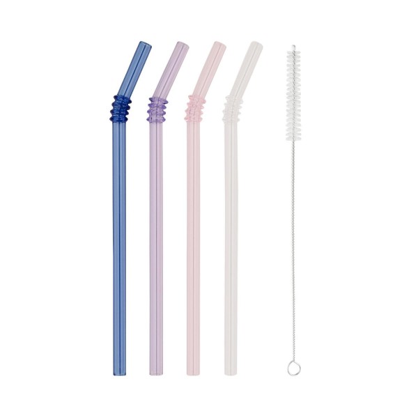 Geknickte Glas-Strohhalme im 4er-Set - 20 cm (Rosa/Flieder/Transparent/Blau) von Eulenschnitt